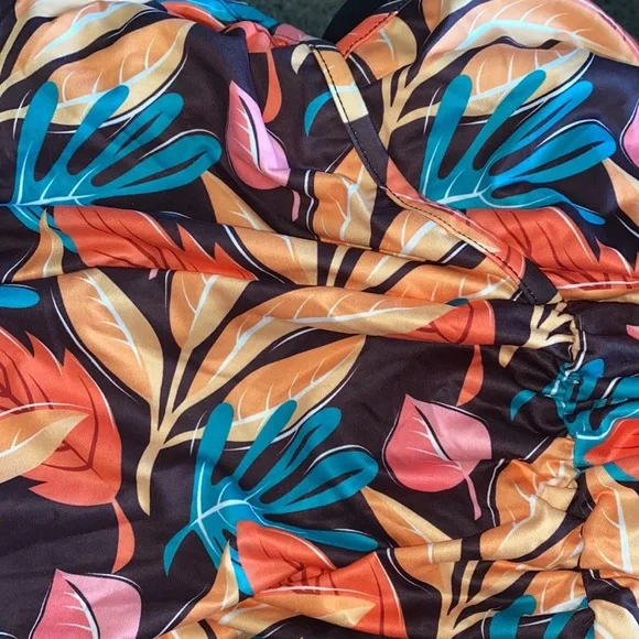 New Inventory🏝Tropical Print Belted Ruched Ruffle Hem Cami Dress🏝 - Picture 7 of 7